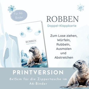 kleine Sparchallenge Klappkarte "ROBBEN" mit Tracker auf der Rückseite als Printversion. Für A6 Zipper. 16x15cm
