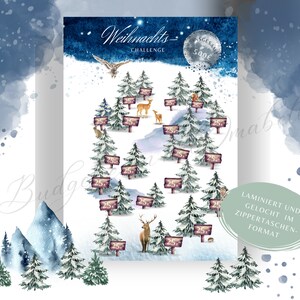 Pu&ograve; includere: Un grafico di sfida natalizia in stile acquerello con una scena di foresta innevata. Il grafico presenta abeti, animali del bosco e cartelli con il numero 25. Il testo "Weihnachts-Challenge" &egrave; in alto, con un obiettivo di risparmio totale di 500&euro;.