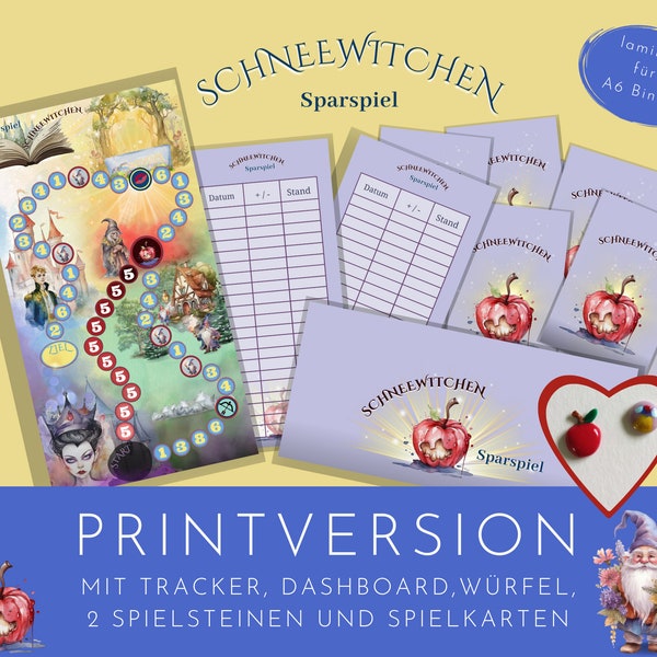 Sparspiel mit Spielkarten, Dashboard und Tracker, Würfel und 2 Spielsteinen als Printversion. Schneewittchen Sparspiel, Variable Sparsumme