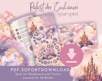 Savings game with dashboard and two trackers as an instant download in PDF format. Palace of Unicorns, variable savings amount