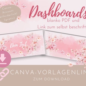 May include: Pink floral design with a watercolor effect. The text "Dashboards" is in a large, bold font. The text "blanko PDF und Link zum selbst beschriften" is in a smaller font. The text "Dein Text" is in a smaller font. The text "CANVA-VORLAGENLINK ZUM DOWNLOAD" is in a large, bold font.