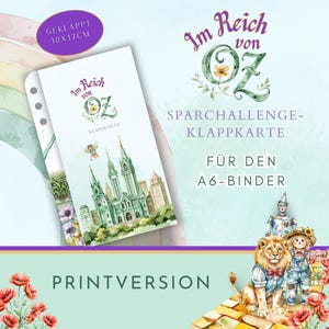 Spaaruitdaging: Uitklapkaart "In het Koninkrijk van Oz" als printversie. Voor de envelopmethode in een A6-ringband.