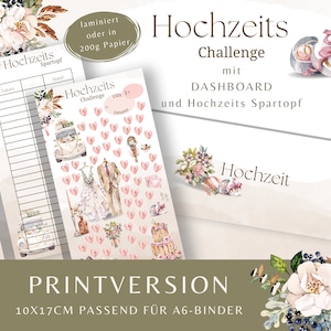 Hochzeits- Sparchallenge mit Dashboard und Tracker und Spartopf als Printversion. Für A6 Umschlagmethode. Flexible Sparsumme