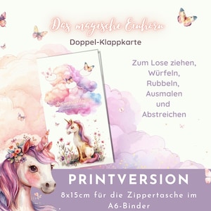 kleine Sparchallenge Klappkarte "Das magische Einhorn" mit Tracker auf der Rückseite als Printversion. Für A6 Zipper. 16x15cm