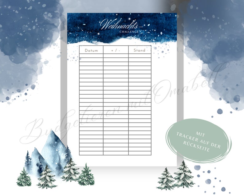 Pu&ograve; includere: Un foglio di carta bianco con un design ad acquerello blu e il testo "Weihnachts Challenge". La carta ha una griglia per il monitoraggio e un'illustrazione ad acquerello di montagne e alberi. &Egrave; presente anche il testo "Mit Tracker auf der R&uuml;ckseite".