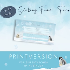 Op de afbeelding: Een printbare sinking fund tracker met een blauw en wit winterthema. De tracker bevat een kalender, een sectie voor doelstellingen en een sectie voor maandelijkse bijdragen. De tracker is ontworpen voor gebruik in een A6-map.