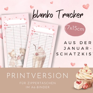 Könnte beinhalten: Zwei druckbare leere Tracker mit rosa Herzen auf rosa Hintergrund. Die Tracker sind 7 cm x 15 cm groß und für die Verwendung in einem A6-Ordner konzipiert. Der Text "blanko Tracker" und "AUS DER JANUAR-SCHATZKISTE" ist auf dem Bild sichtbar.