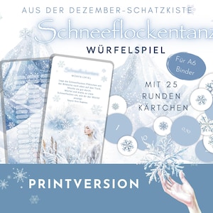 Dobbelspel "Snowflake Dance" als printversie. Spaarspel uit de schatkist van december met kaarten