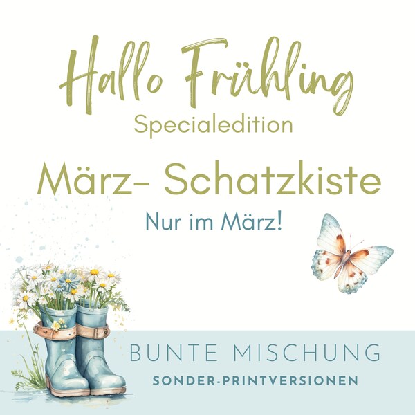 März-Schatzkiste HALLO FRÜHLING. Überraschungs-Sparhelfer im blumig, flatterigen Frühlings-Design für die A6 Umschlagmethode