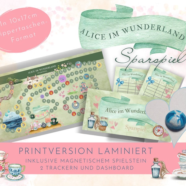 Sparspiel Printversion mit Spielfigur Dashboard und 2 Trackern. Budgetieren mit Spaß und Erfolg. Alice im Wunderland