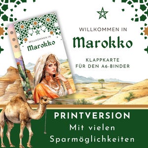 Spaar-uitdaging vouwkaart "Welkom in Marokko" als printversie. Voor A6-mappen