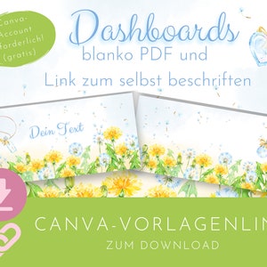 Puede incluir: Dos tableros de mando imprimibles en blanco con un borde de dientes de león y flores azules. El texto "Dashboards blank PDF and Link zum selbst beschriften" está en la parte superior de la imagen. El texto "Dein Text" está en el tablero de mando de la izquierda. El texto "CANVA-VORLAGENLINK ZUM DOWNLOAD" está en la parte inferior de la imagen.