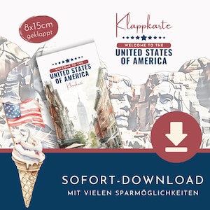 Tarjeta plegable Desafío de Ahorro "Bienvenido a los Estados Unidos de América" como descarga instantánea en formato PDF.