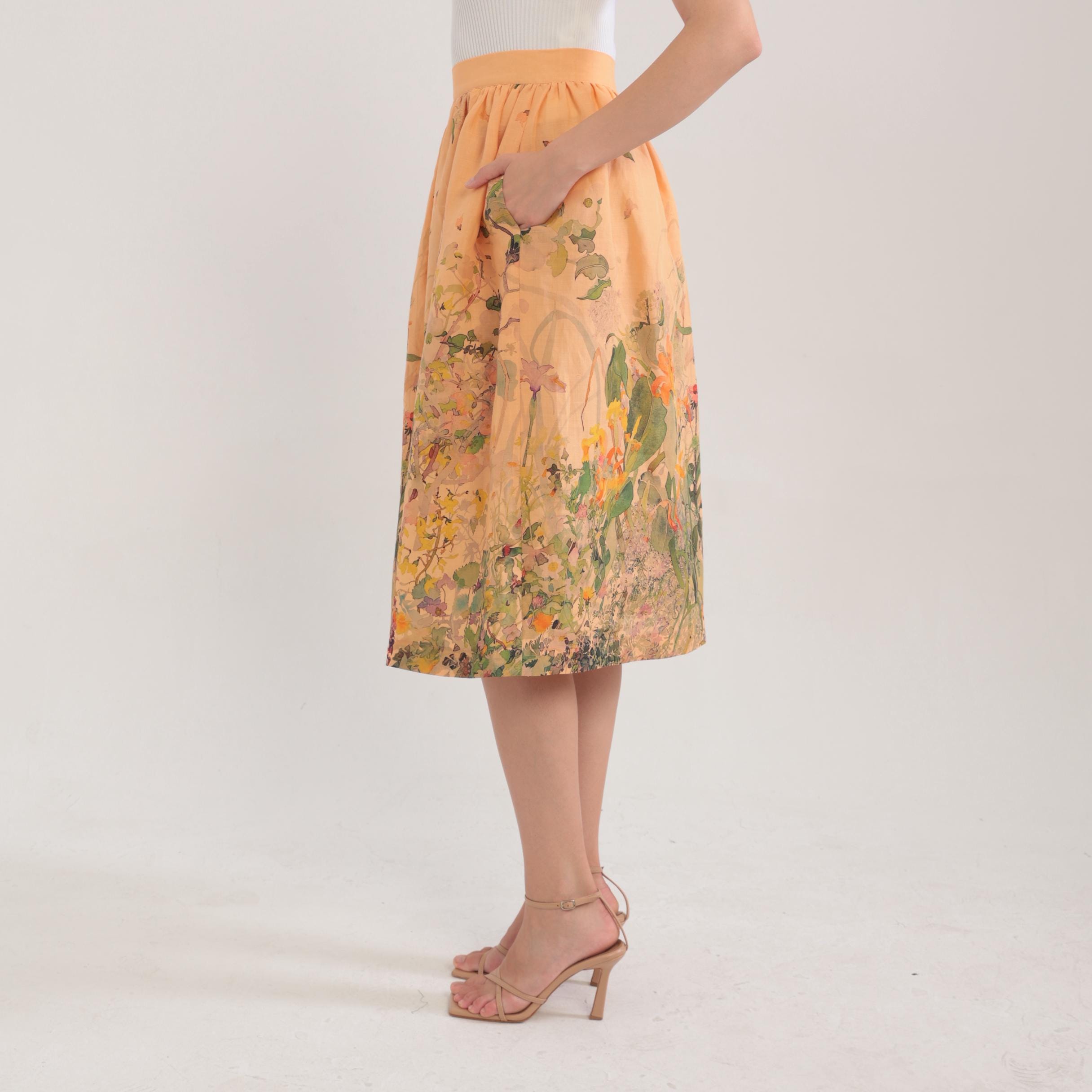Women's  Flower Art  Print   Linen Pocket Skirt main image 0