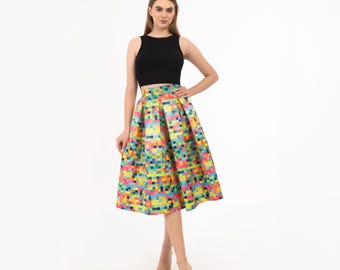 Pixel Colorful Skirt, Multicolored Skirt, Personalized Skirt,Skirt With Pockets,Pockets Skirt