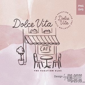 Könnte beinhalten: Schwarz-weiße Strichzeichnung einer Cafészene mit den Wörtern "Dolce Vita" und "Cafe". Das Design umfasst eine Café-Markise, einen Tisch, Stühle und einen Topfbaum, vor einem Aquarellhintergrund.