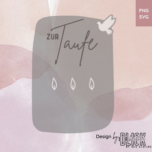 May include: A gray rectangle with the text "ZUR Taufe" in cursive script. Three small leaf shapes are below the text. The background is a watercolor wash of pink and peach.