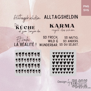 Puede incluir: Dos diseños de sellos digitales con ilustraciones en blanco y negro. El primer diseño es una cuadrícula de 40 tulipanes. El segundo diseño es una cuadrícula de 40 corazones. El texto "Alltagsheldin" aparece en la parte superior de la imagen. El texto "Die Küche ist zum Tanzen da." aparece debajo del primer diseño. El texto "Karma regelt das schon." aparece debajo del segundo diseño. El texto "Et voila, La Réalité!" aparece debajo del primer diseño. El texto "Sei frech, wild & wunderbar. Sei mutig. Sei anders. Sei du selbst." aparece debajo del segundo diseño.