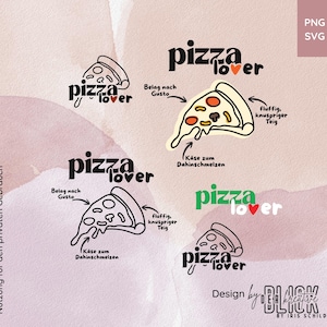Op de afbeelding: Een digitaal ontwerp met verschillende "pizza lover" graphics. De ontwerpen bevatten pizza slice illustraties met Duitse tekst, zoals "Belag nach Gusto" en "Fluffig, knuspriger Teig". Het ontwerp bevat ook de tekst "Design by BLACK kreative".