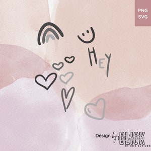 May include: A digital illustration of a rainbow, a smiley face, the word "Hey", and several hearts on a pink and white watercolor background. The text "Design by Blick Creative by Iris Schilder" is at the bottom of the image.