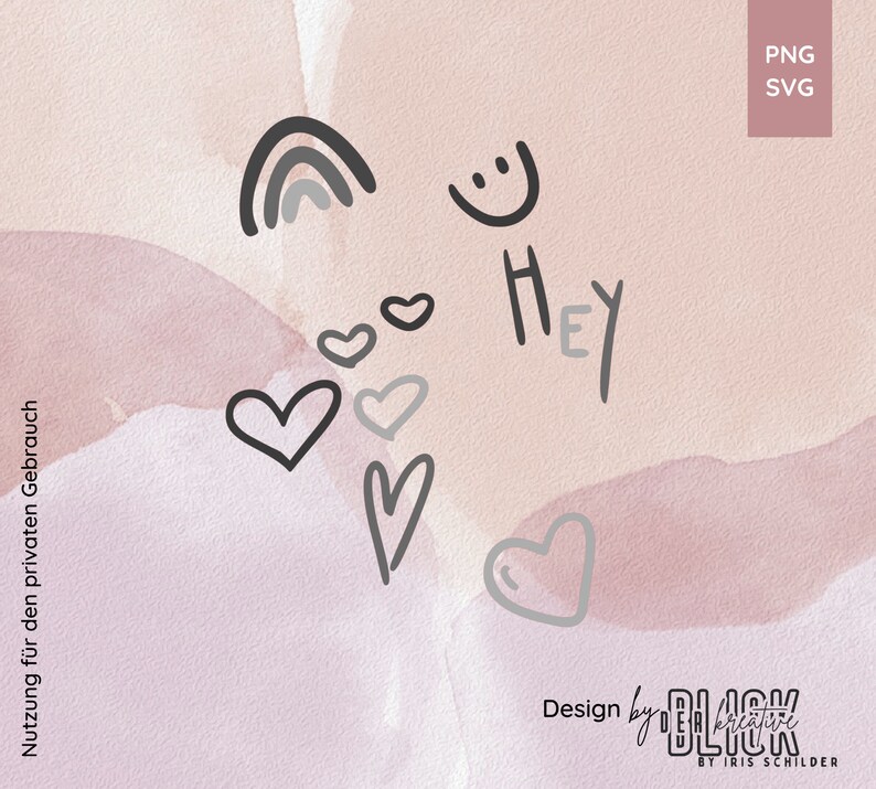 Op de afbeelding: Een digitale illustratie van een regenboog, een smiley, het woord "Hey" en verschillende harten op een roze en witte aquarel achtergrond. De tekst "Design by Blick Creative by Iris Schilder" staat onderaan de afbeelding.