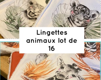 Lot de 16 lingettes bébé en éponge de bambou,motifs animaux