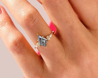 Kite Black Rutilated Quartz Engagement Ring with Marquise and Round Moissanite Sidestones / Gemstone Ring / 14k Solid Gold Promise Ring