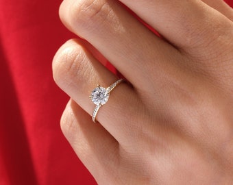 14K Solid Gold Channel Set Engagement Ring / 1.00 CT Brilliant Round Moissanite Ring / Channel Set Half-Eternity Promise Ring
