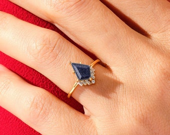 Kite Blue Sandstone Engagement Ring with Baguette Moissanite Sidestones / 14k Gold Gemstone Engagement Ring  / 6-Prong Ring