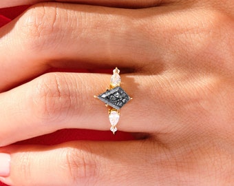 Kite Black Rutilated Quartz Engagement Ring with Pear and Round Moissanite Sidestones / 6-Prong Gemstone Ring / 14k Solid Gold Promise Ring