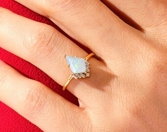 Kite Opal Engagement Ring with Baguette Moissanite Sidestones / 14k Gold Gemstone Engagement Ring  / 6-Prong Ring
