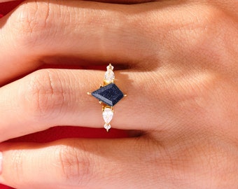 Kite Blue Sandstone Engagement Ring with Pear and Round Moissanite Sidestones / 6-Prong Gemstone Ring / 14k Solid Gold Promise Ring