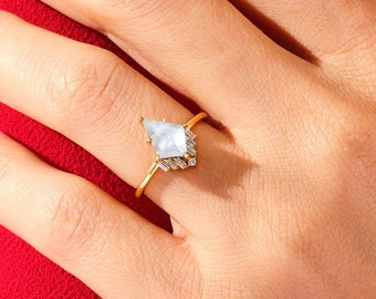 Kite Moonstone Engagement Ring with Baguette Moissanite Sidestones / 14k Gold Gemstone Engagement Ring  / 6-Prong Ring