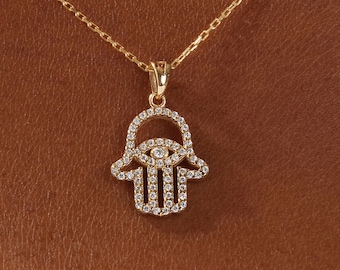 14k Gold Moissanite Hamsa Necklace / Silver Hamsa Necklace with Moissanite / Good Luck Charm / Hand of Fatima Necklace