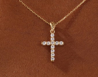 14k Solid Gold Moissanite Encrusted Cross Necklace / Silver Cross Necklace with Simulated Diamond / Moissanite Cross Necklaces for Women