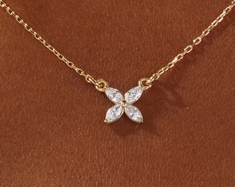 14k Gold Marquise Cut Clover Necklace / Clover Necklace with Marquise Cut Moissanite / Good Luck Charm / Simulated Diamond Clover Necklace