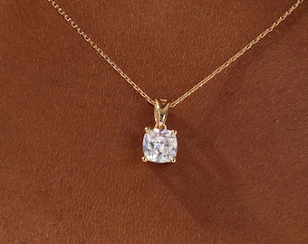 1.00 CT Cushion Moissanite Pendant Necklace / Simulated Diamond Cushion Cut Necklaces for Women / Solid Gold Necklace / Silver Jewelry
