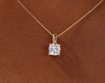 1.00 CT Coussin Moissanite Pendentif Collier / Colliers de coupe de coussin de diamant simulé pour les femmes / Collier en or massif / Bijoux en argent