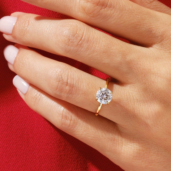 Anillo de compromiso redondo en oro macizo de 14 k / 1, 1,5, 2 anillos de compromiso de moissanita CT / anillo de moissanita solitario de 4 puntas / anillo de promesa de oro