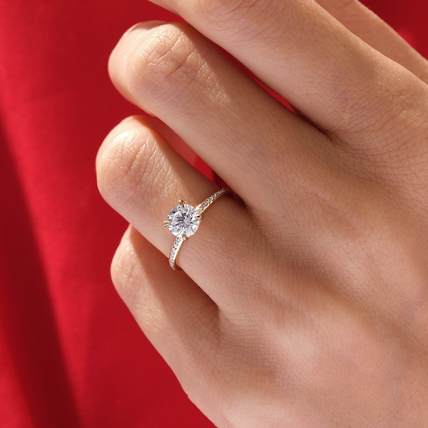 14K Solid Gold Channel Set Engagement Ring / 1.00 CT Brilliant Round Moissanite Ring / Channel Set Half-Eternity Promise Ring