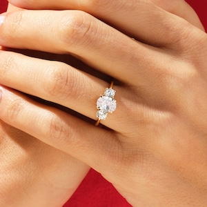Three Stone Oval Moissanite Engagement Ring in 14k Solid Gold / 2 CT Oval Cut Simulated Diamond Engagement Rings