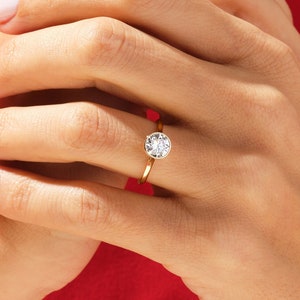 Bezel Set Round-Cut Engagement Ring in 14k Solid Gold/ 1 CT Moissanite Engagement Rings/Solitaire Moissanite Ring/ Gold Promise Ring