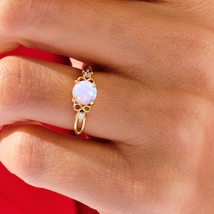 Art Deco Opal Engagement Ring with Sidestones / 14k Gold Gemstone Promise Ring with Moissanite Sidestones / Anniversary Gift
