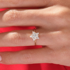 0.25 CT Moissanite Floral Engagement Ring / 14K Solid Gold Round and Pear Cluster Ring / Vintage Floral Promise Ring / Gift for Women