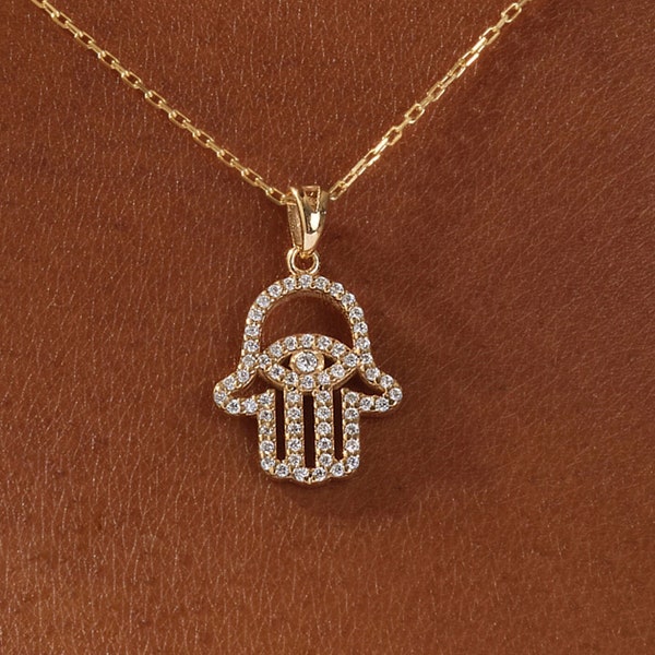 14k Gold Moissanite Hamsa Necklace / Silver Hamsa Necklace with Moissanite / Good Luck Charm / Hand of Fatima Necklace