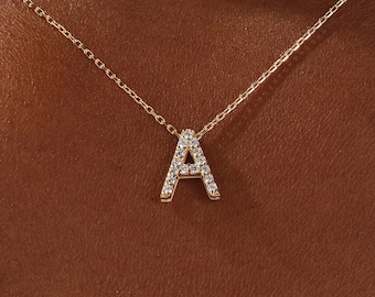 14k Gold Initial Necklace / Letter Necklace / Customizable Necklaces / Moissanite Initial Necklace for Her / Simulated Diamond Encrusted