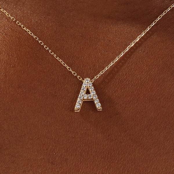 14k Gold Initial Necklace / Letter Necklace / Customizable Necklaces / Moissanite Initial Necklace for Her / Simulated Diamond Encrusted