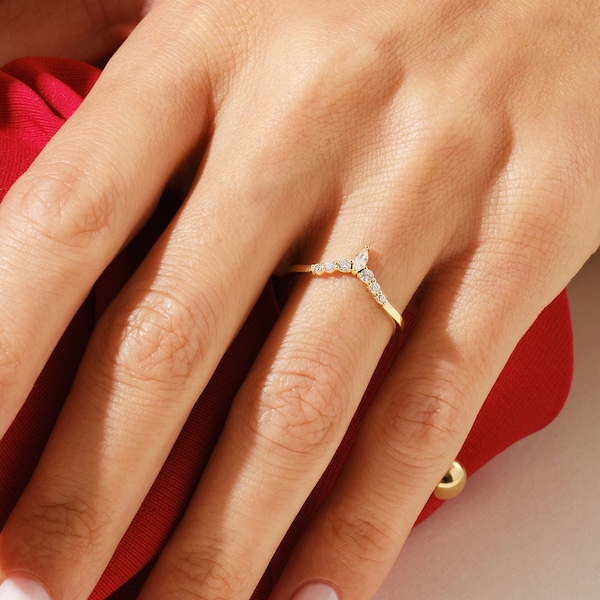 14k Solid Gold Moissanite Wedding Band, Marquise Tipped Ring