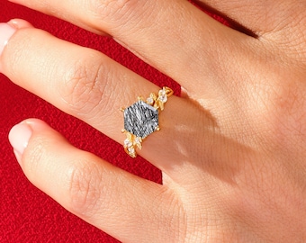 Hexagon Black Rutilated Quartz Nature-Inspired Engagement Ring with Moissanite Sidestones / Gemstone Ring / 14k Solid Gold Leaf Ring
