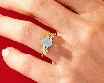 Pear Opal Engagement Ring with Marquise Moissanite Sidestones / 14k Gold Drop Gemstone Promise Ring / Anniversary Gift